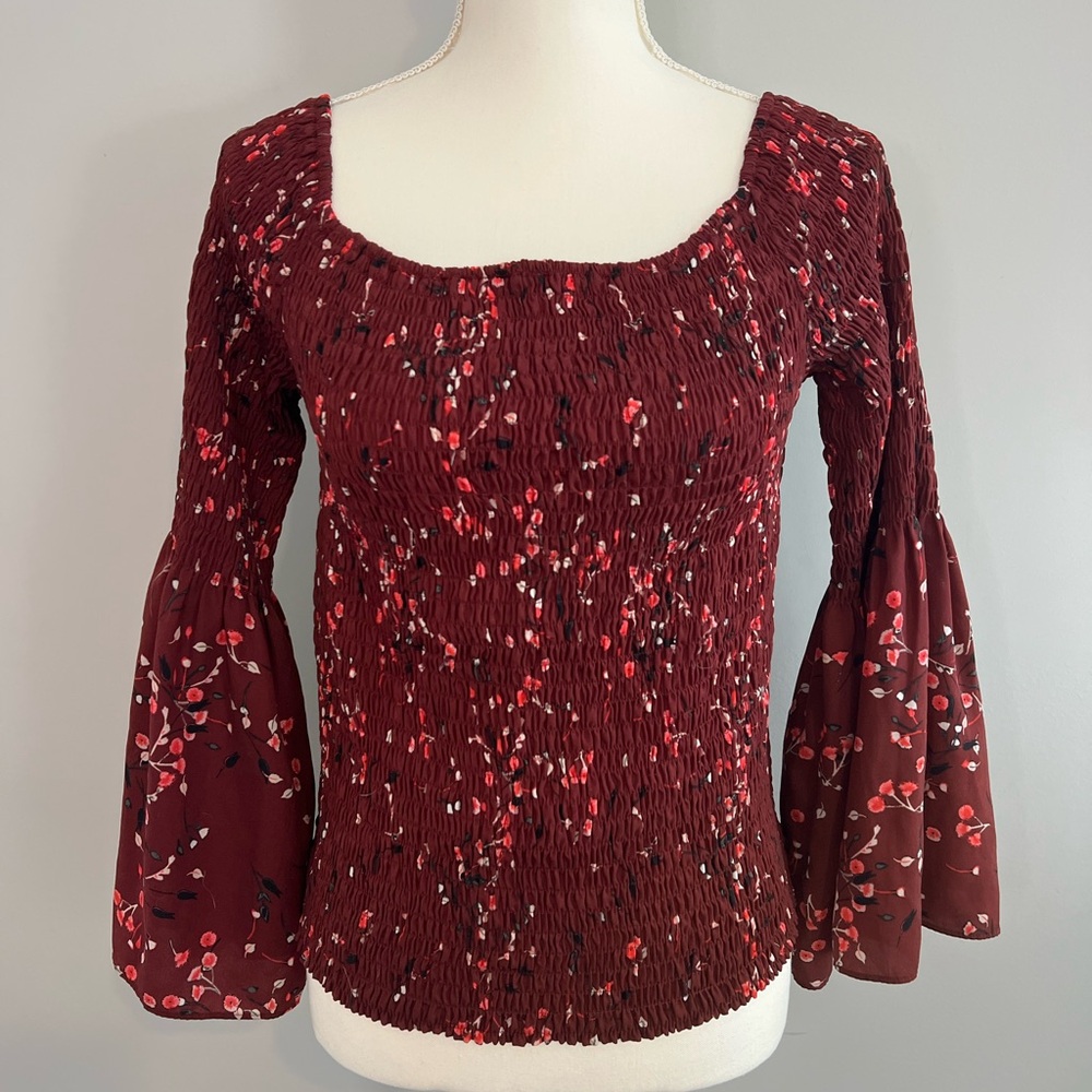 Express Burgundy Floral Smocked Square-Neck Blouse